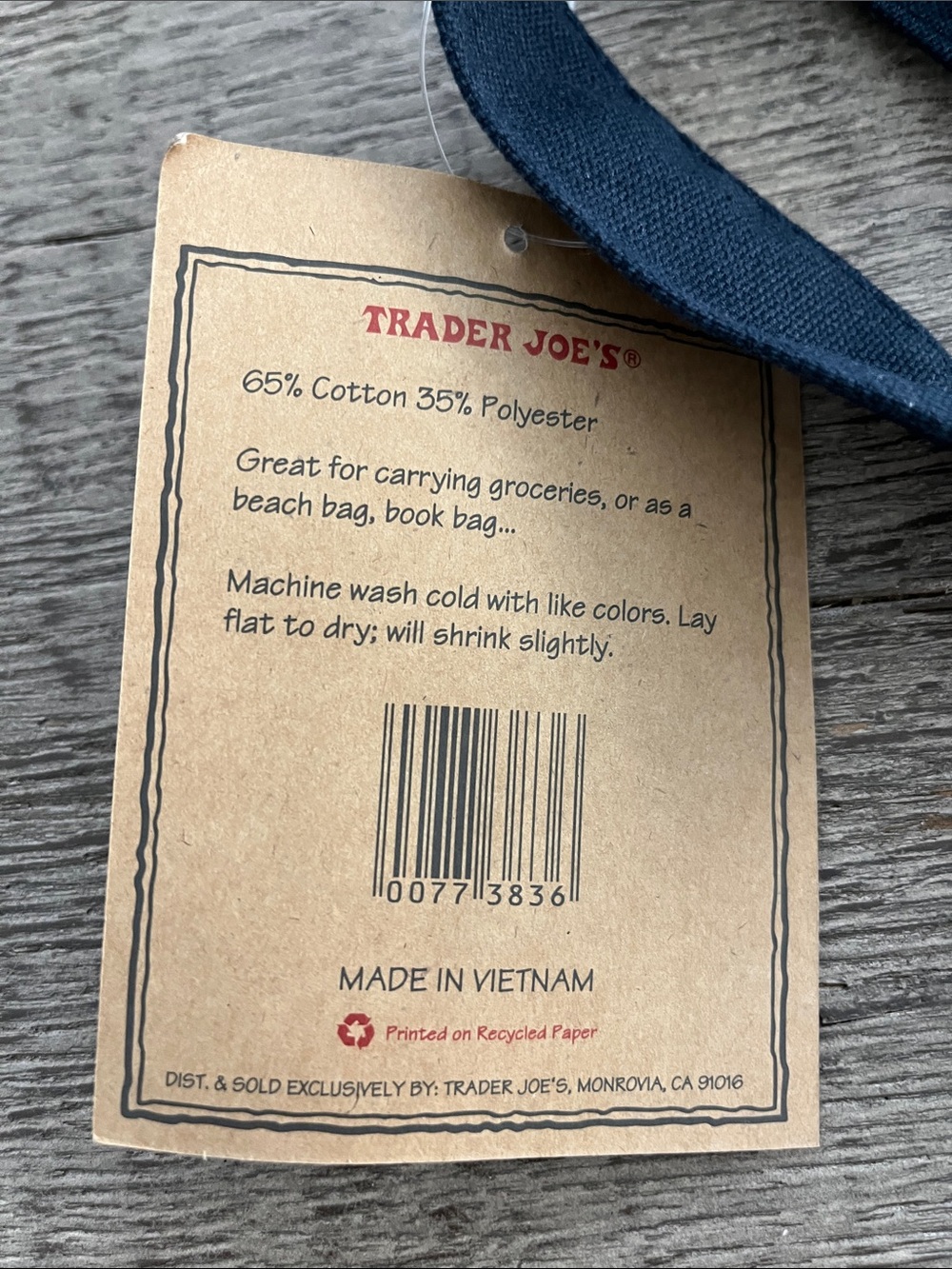 Trader Joe's Navy and Cream Canvas Tote Bag - Picture 3 of 4